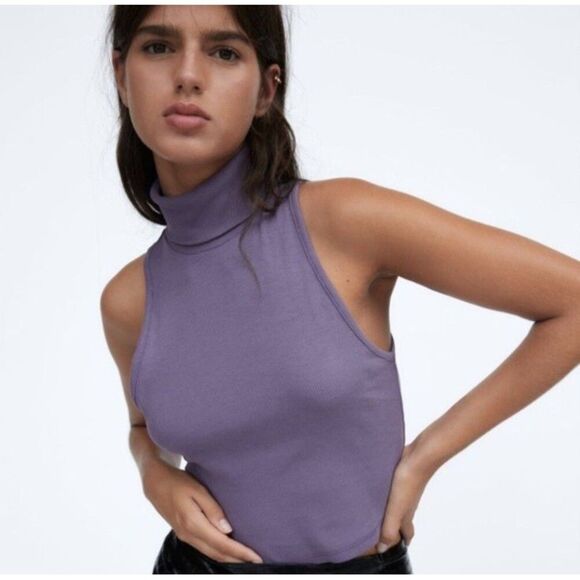 Zara Purple Ribbed Turtleneck Cropped Tank Top - Picture 2 of 7